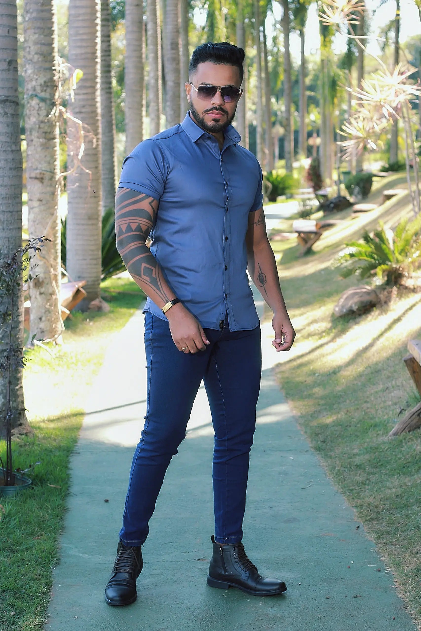 Camisa Slim Fit Azul Anil  Algodão  Premium Com elastano Acetinada