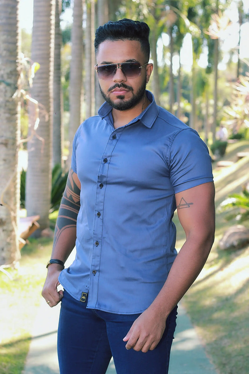 Camisa Slim Fit Azul Anil  Algodão  Premium Com elastano Acetinada