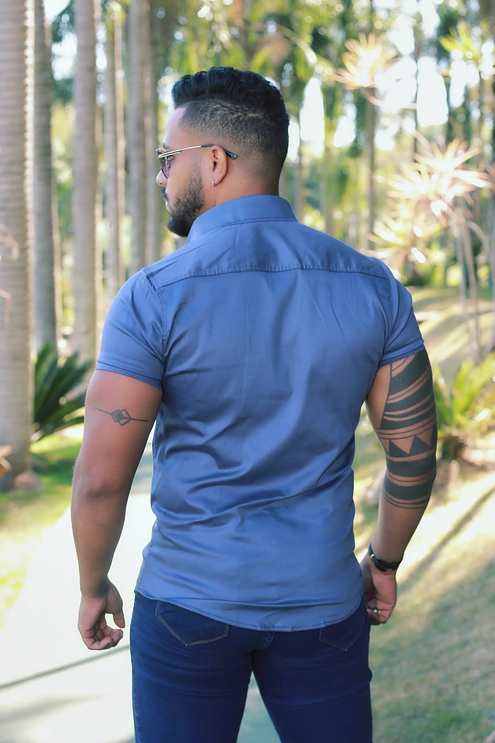 Camisa Slim Fit Azul Anil  Algodão  Premium Com elastano Acetinada