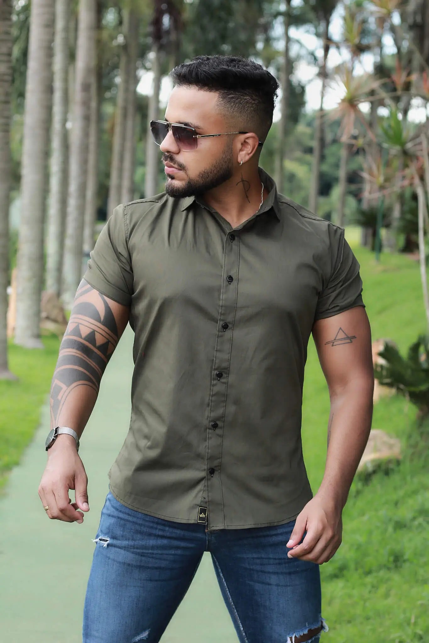 Camisa Slim Fit Verde Militar Algodão Premium Mercerizada Com elastano