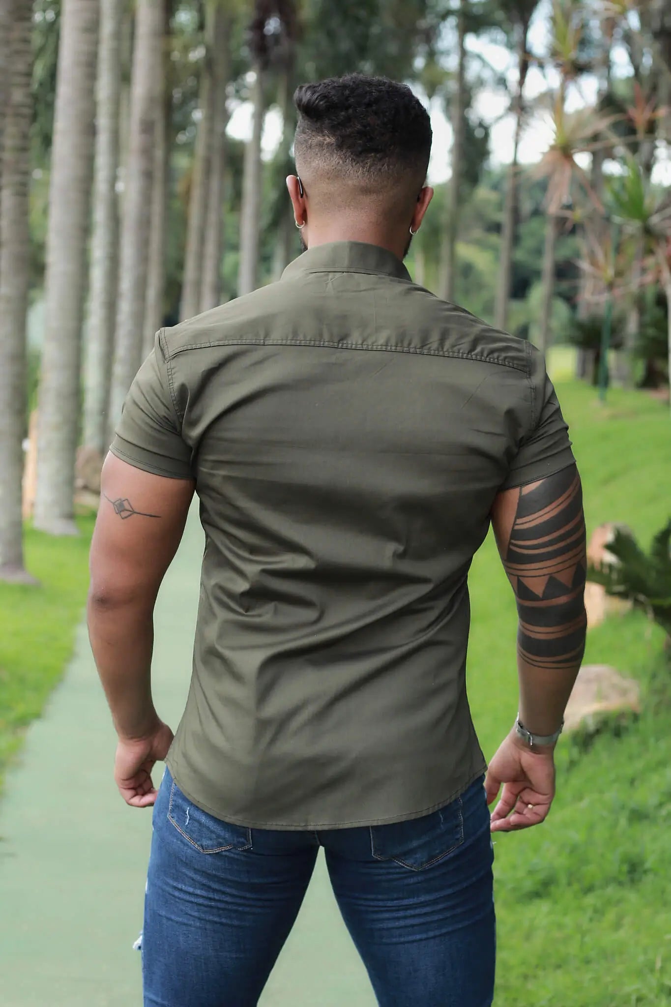 Camisa Slim Fit Verde Militar Algodão Premium Mercerizada Com elastano
