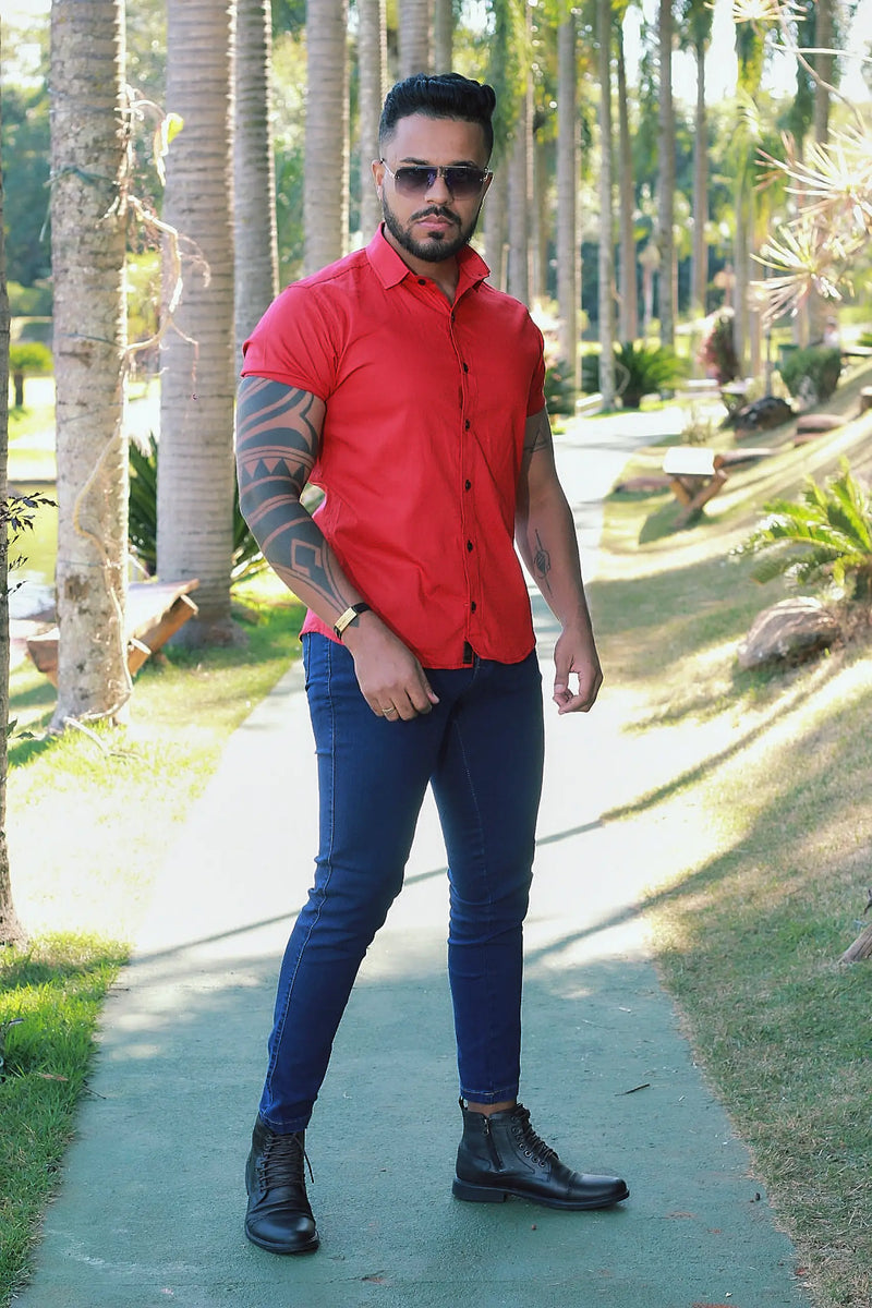 Camisa Slim Fit Vermelha Algodão Premium Com elastano