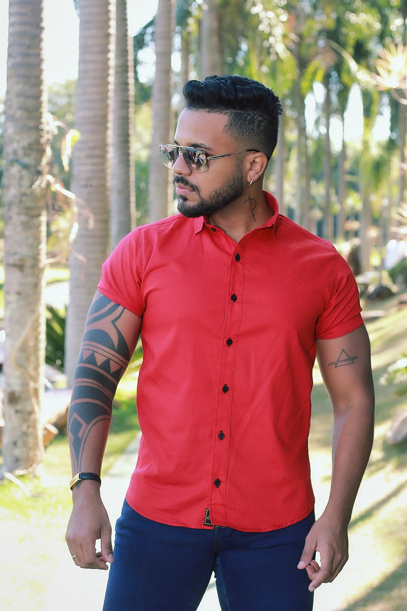 Camisa Slim Fit Vermelha Algodão Premium Com elastano