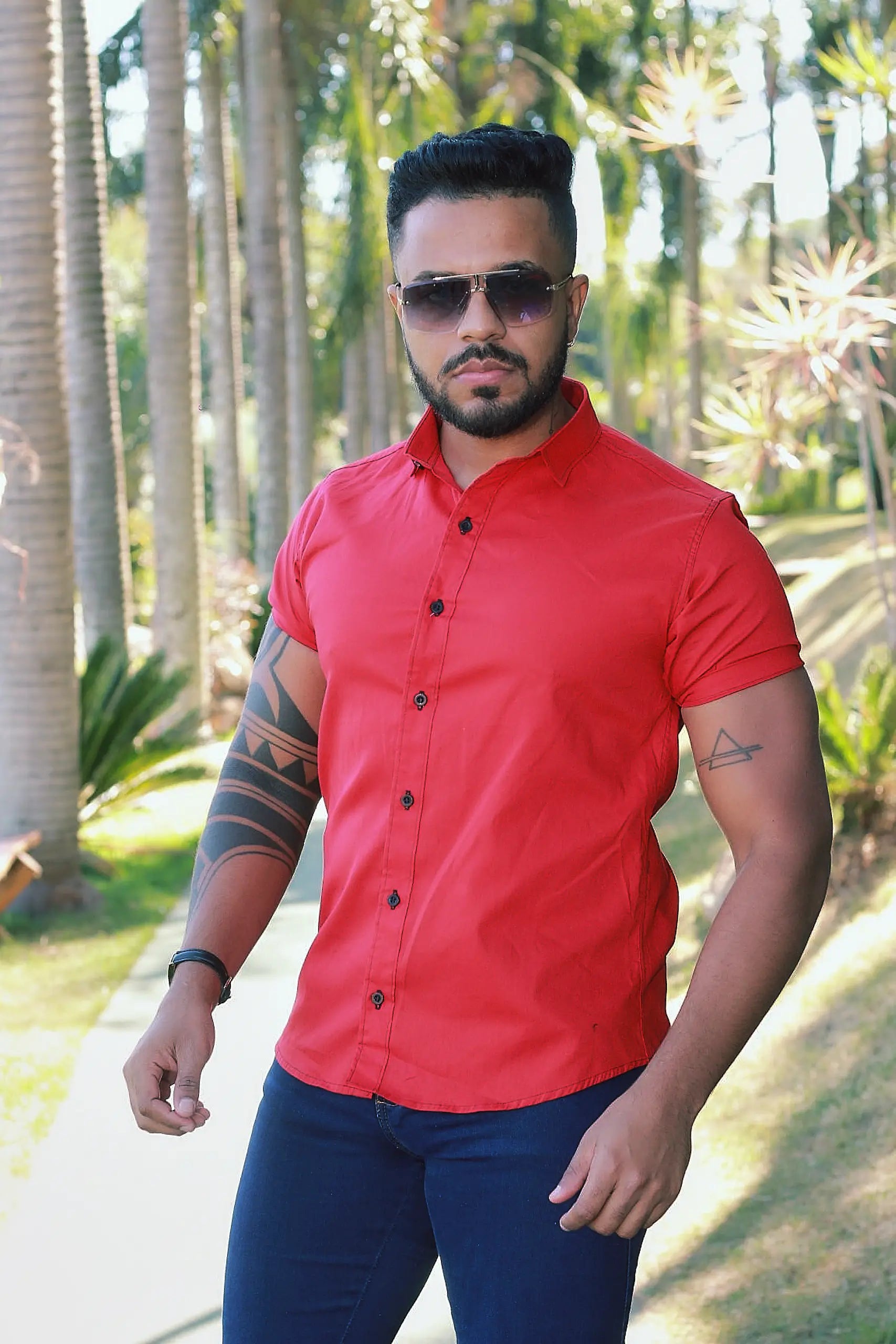 Camisa Slim Fit Vermelha Algodão Premium Com elastano