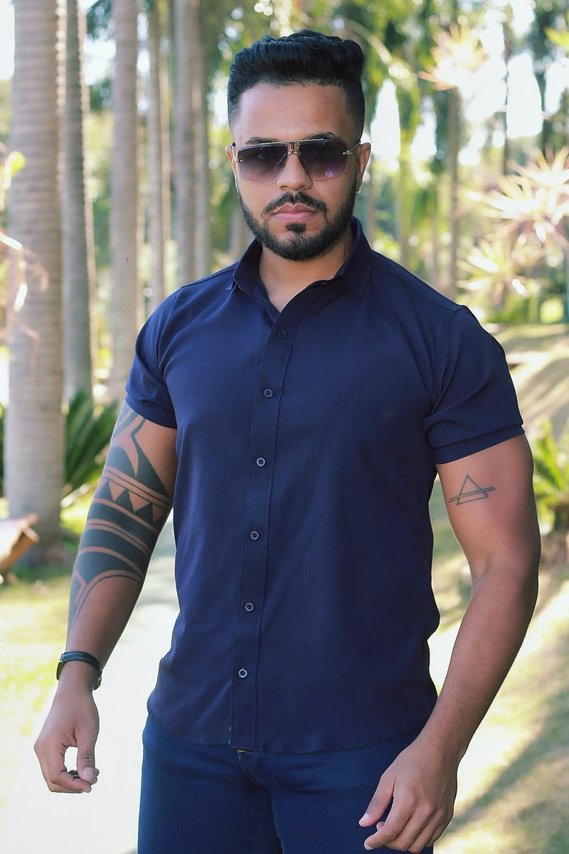 Camisa Slim Fit Lisa Azul Marinho Passa Facil (Não Amarrota)