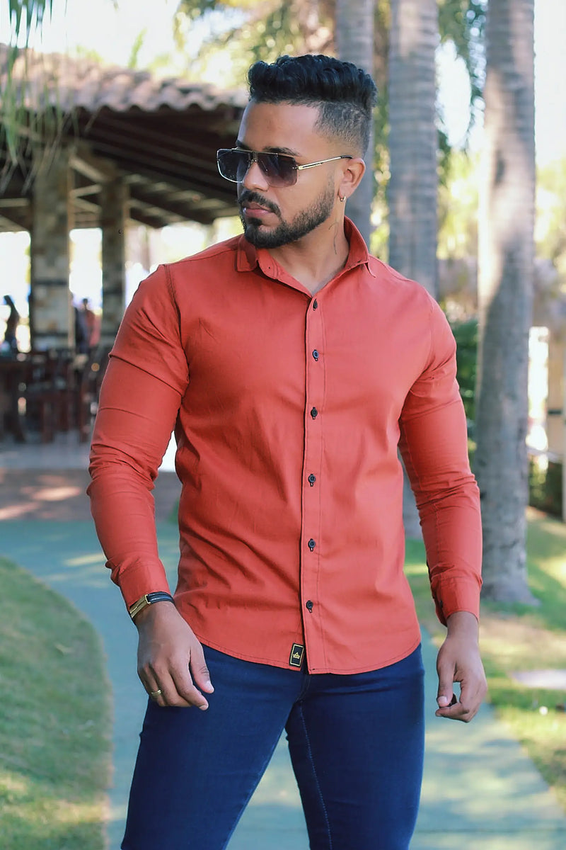Camisa slim fit Terra Cota  manga longa