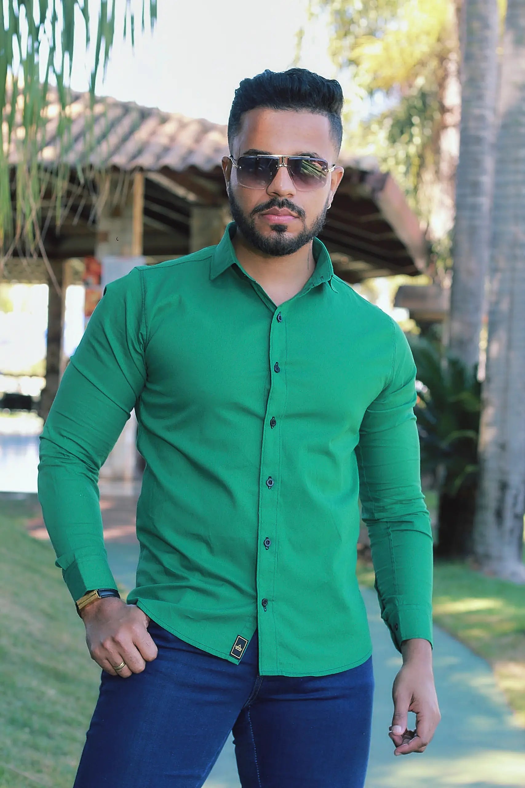 Camisa slim fit Verde Bandeira  Manga Longa