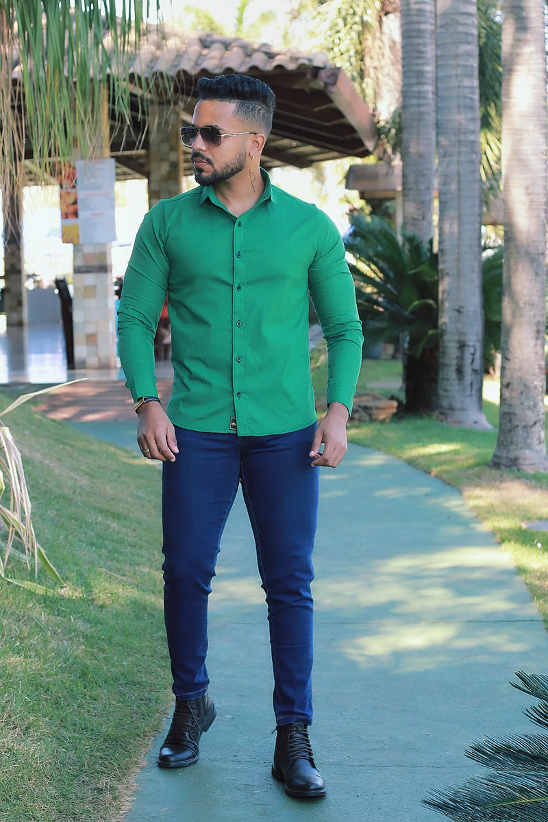 Camisa slim fit Verde Bandeira  Manga Longa