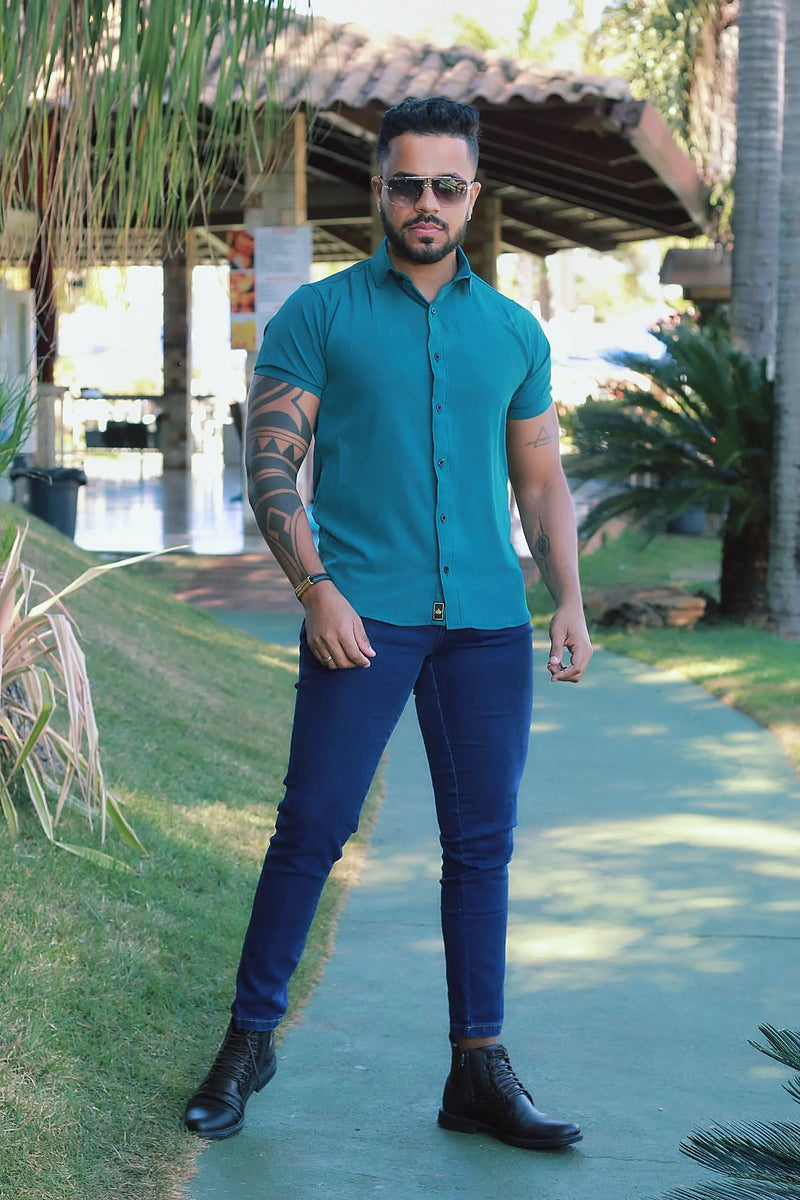 Camisa Slim Fit Lisa Verde Oliva Passa Facil (Não Amarrota)