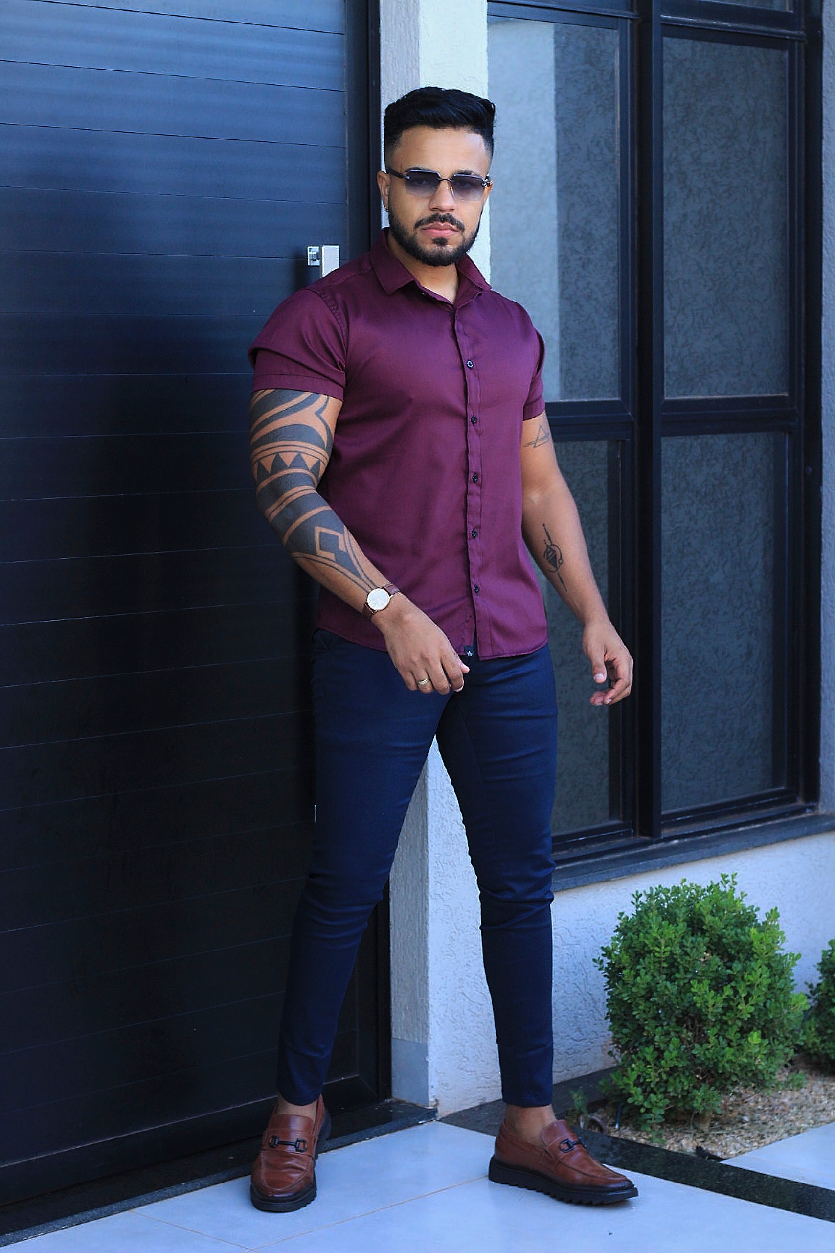 Camisa Slim Fit Camisa Tecnológica Acetinada que não Amassa Armani Marsala