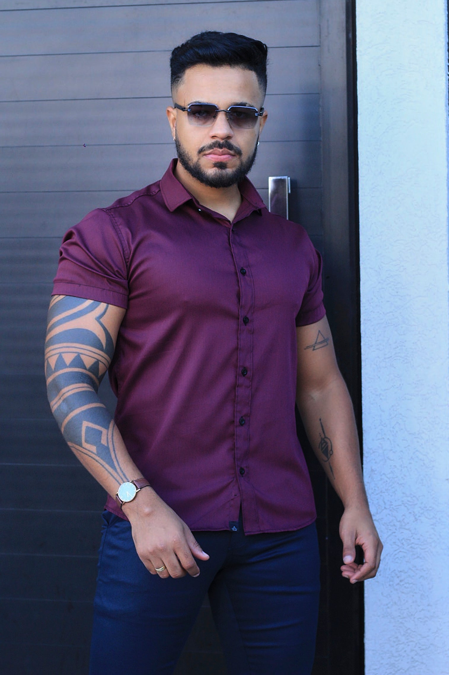 Camisa Slim Fit Camisa Tecnológica Acetinada que não Amassa Armani Marsala