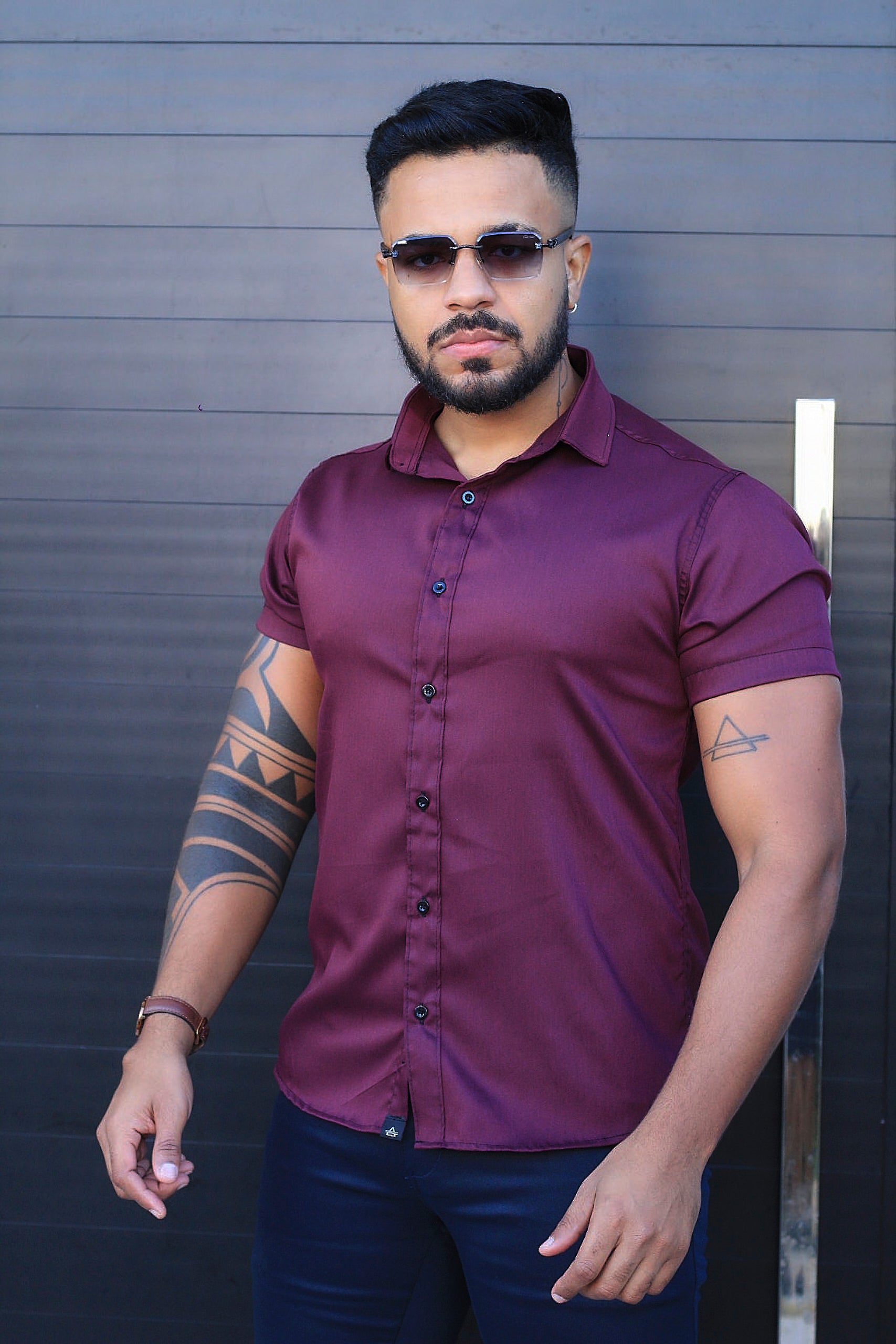Camisa Slim Fit Camisa Tecnológica Acetinada que não Amassa Armani Marsala
