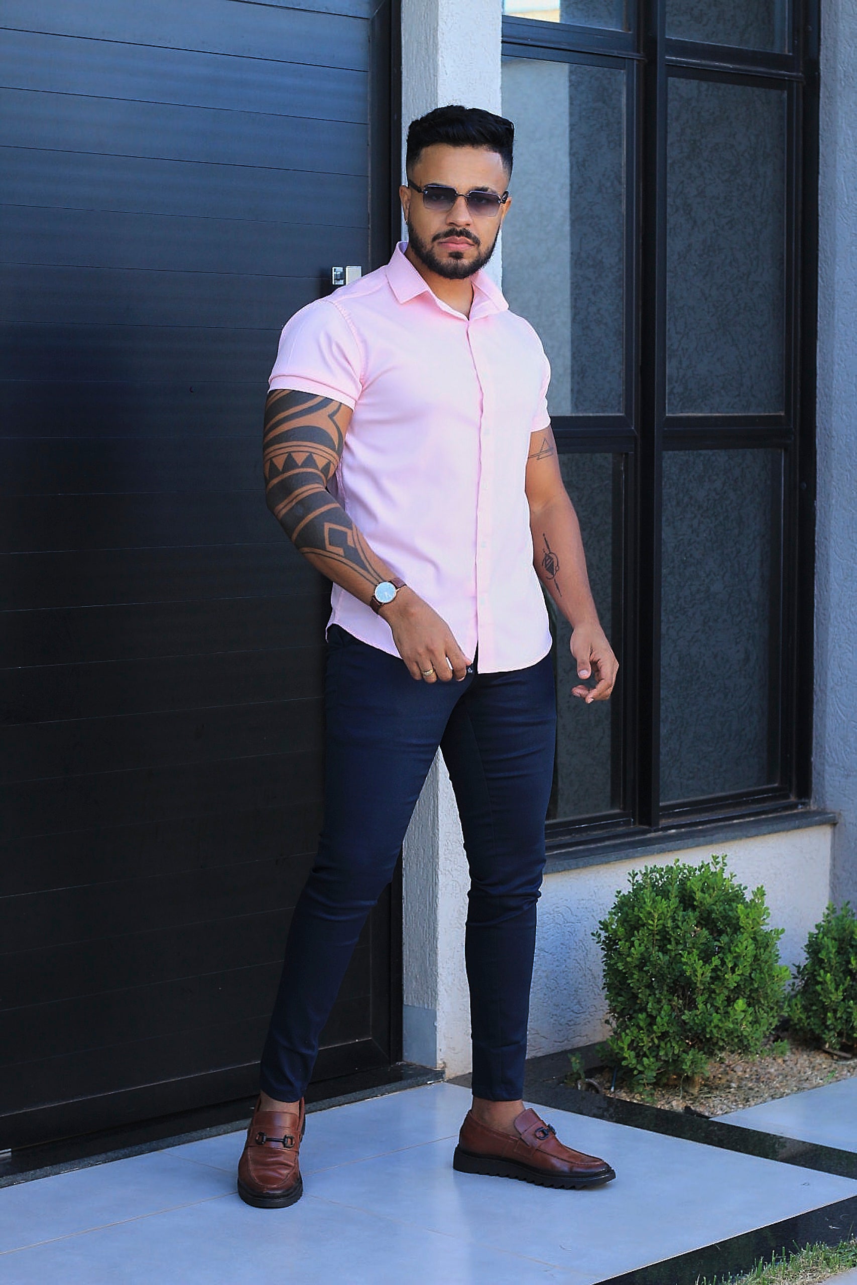 Camisa Slim Fit Camisa Tecnológica Acetinada que não Amassa Armani Rosa