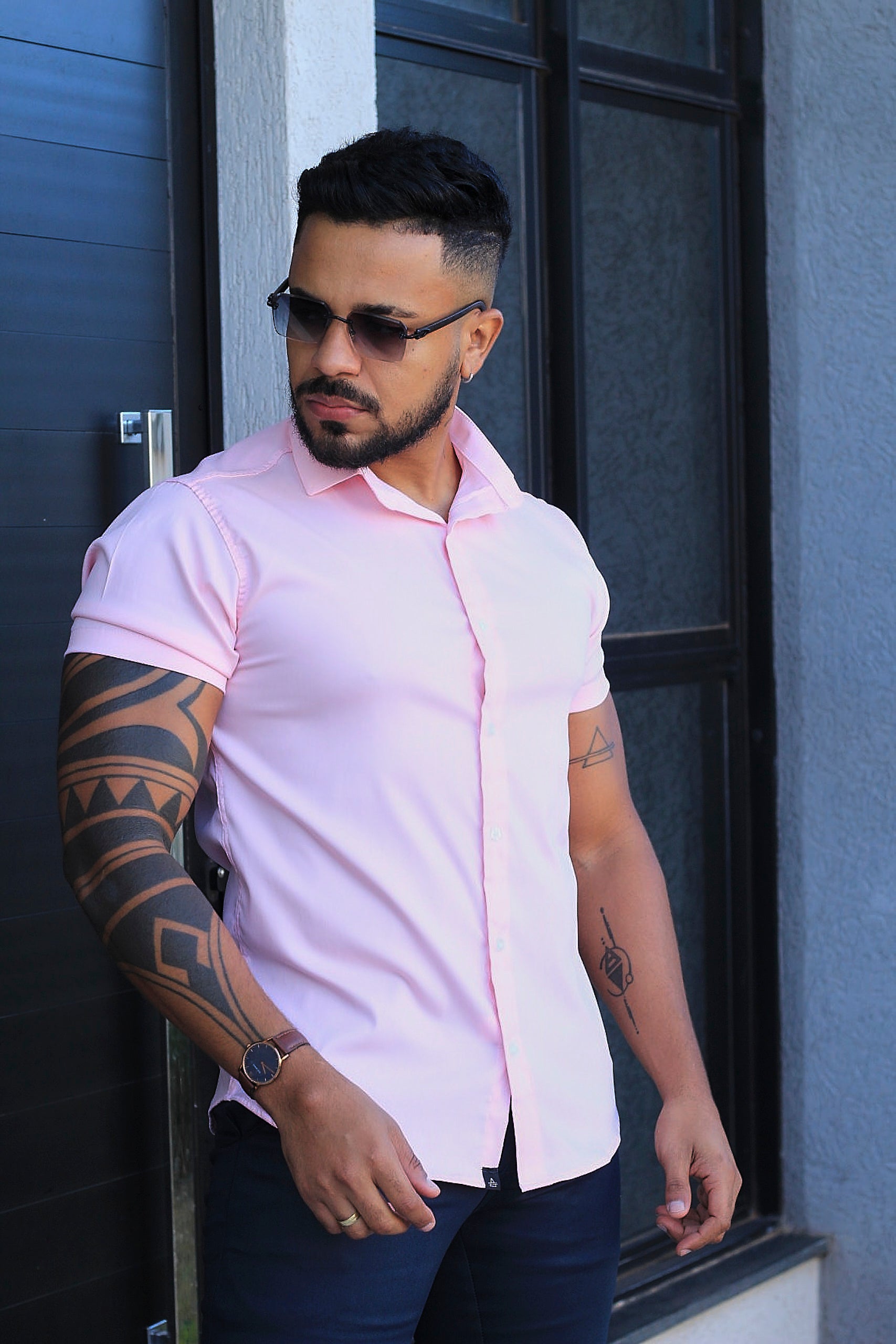 Camisa Slim Fit Camisa Tecnológica Acetinada que não Amassa Armani Rosa