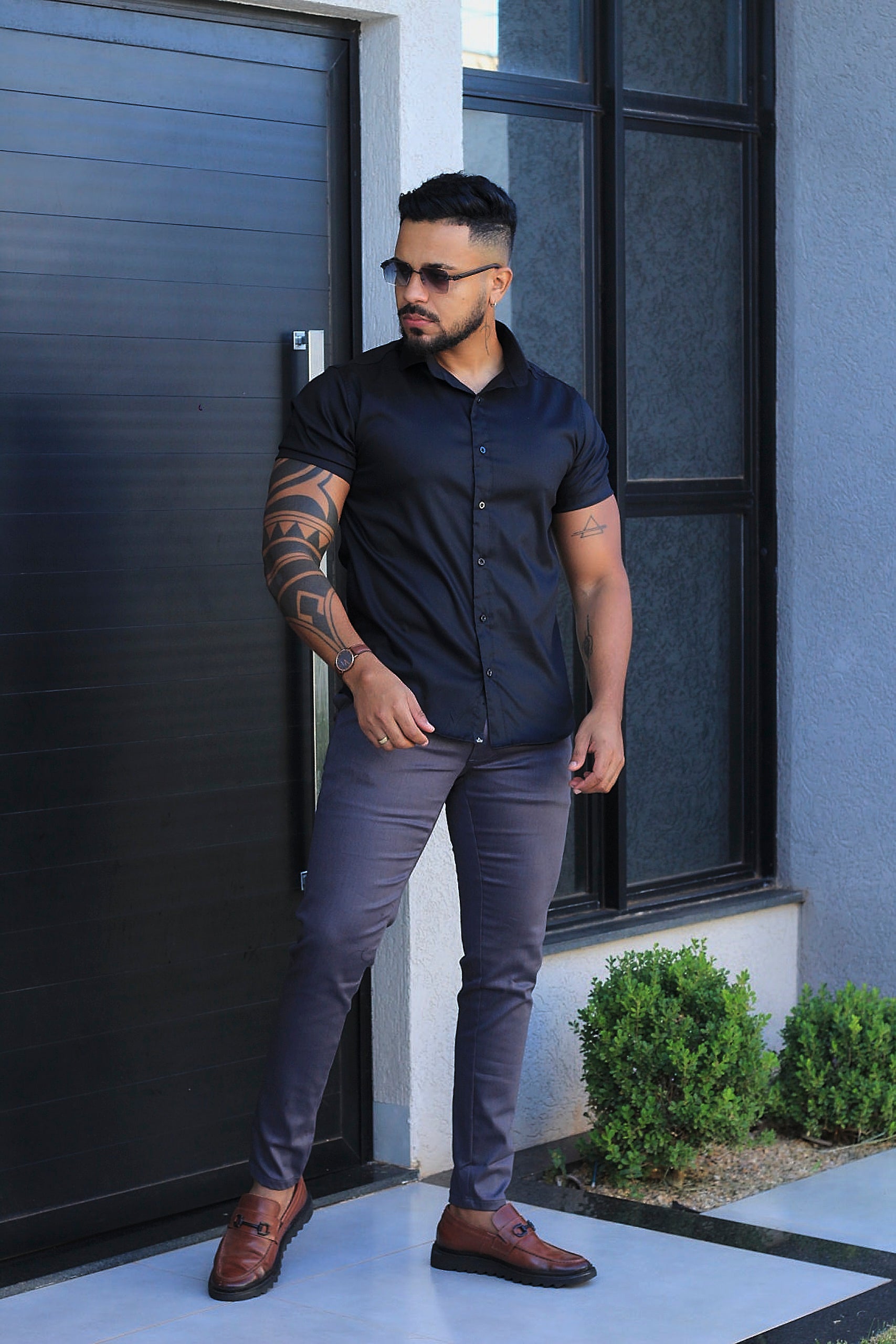 Camisa Slim Fit Camisa Tecnológica Acetinada que não Amassa Armani Preto Black