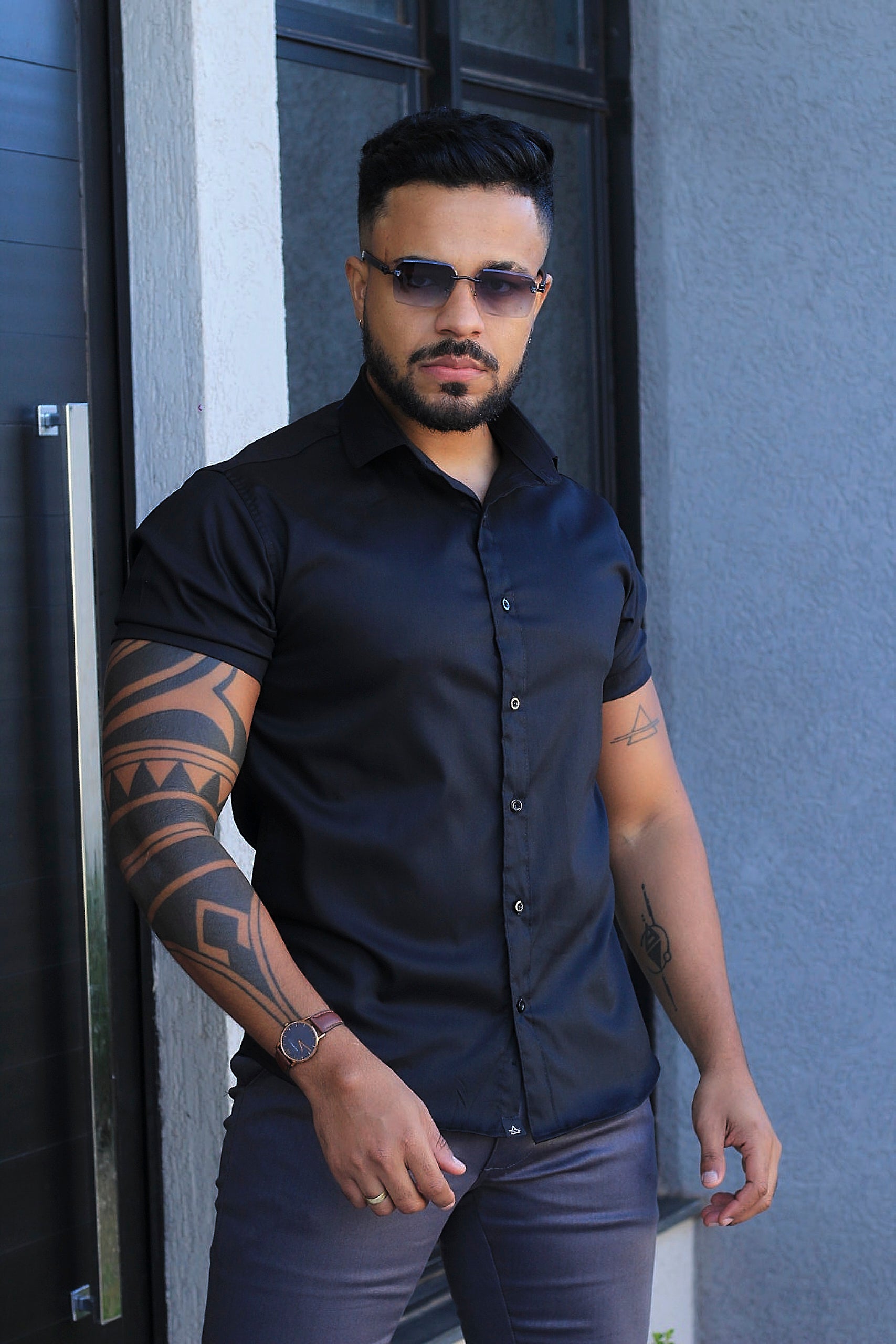 Camisa Slim Fit Camisa Tecnológica Acetinada que não Amassa Armani Preto Black