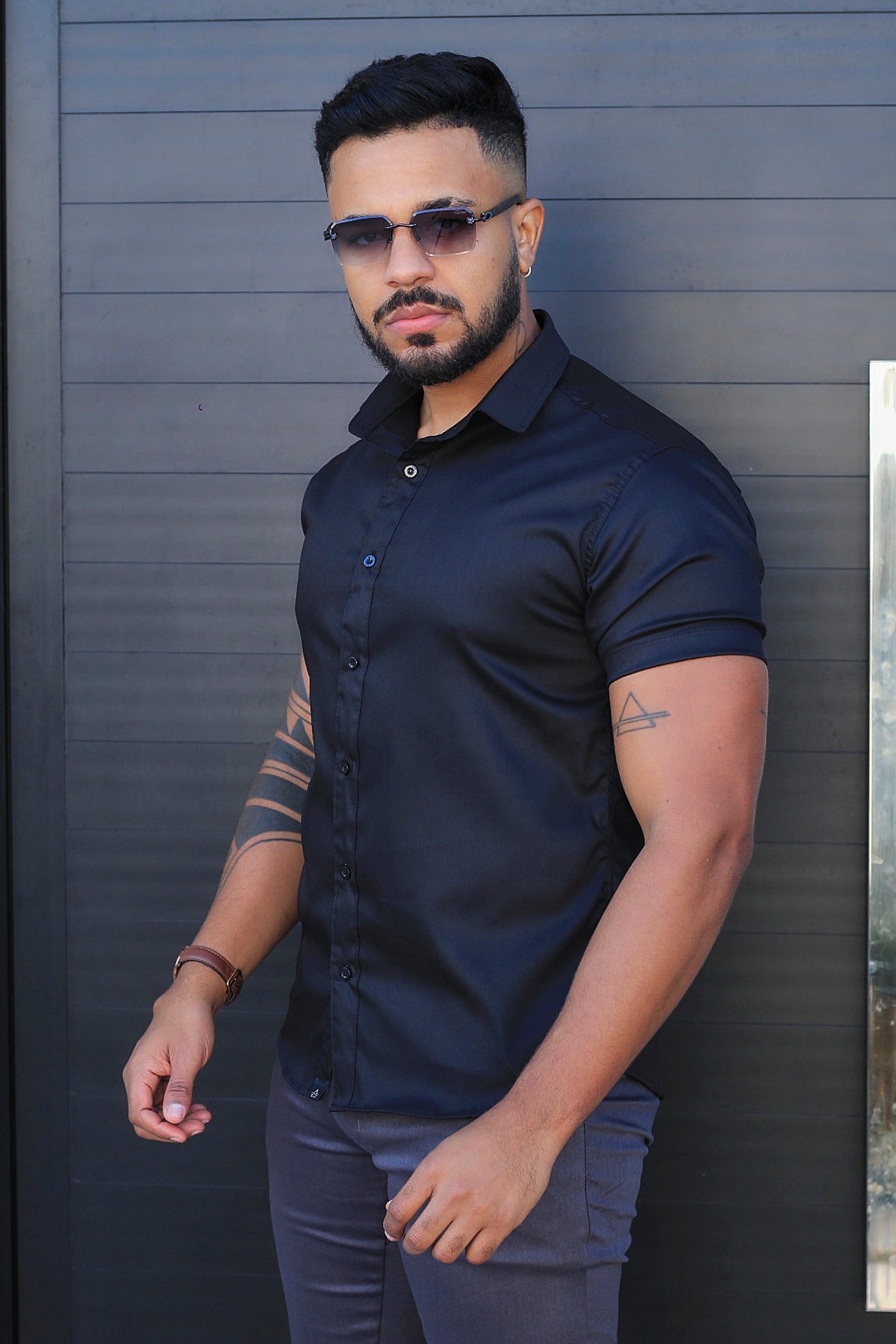 Camisa Slim Fit Camisa Tecnológica Acetinada que não Amassa Armani Preto Black