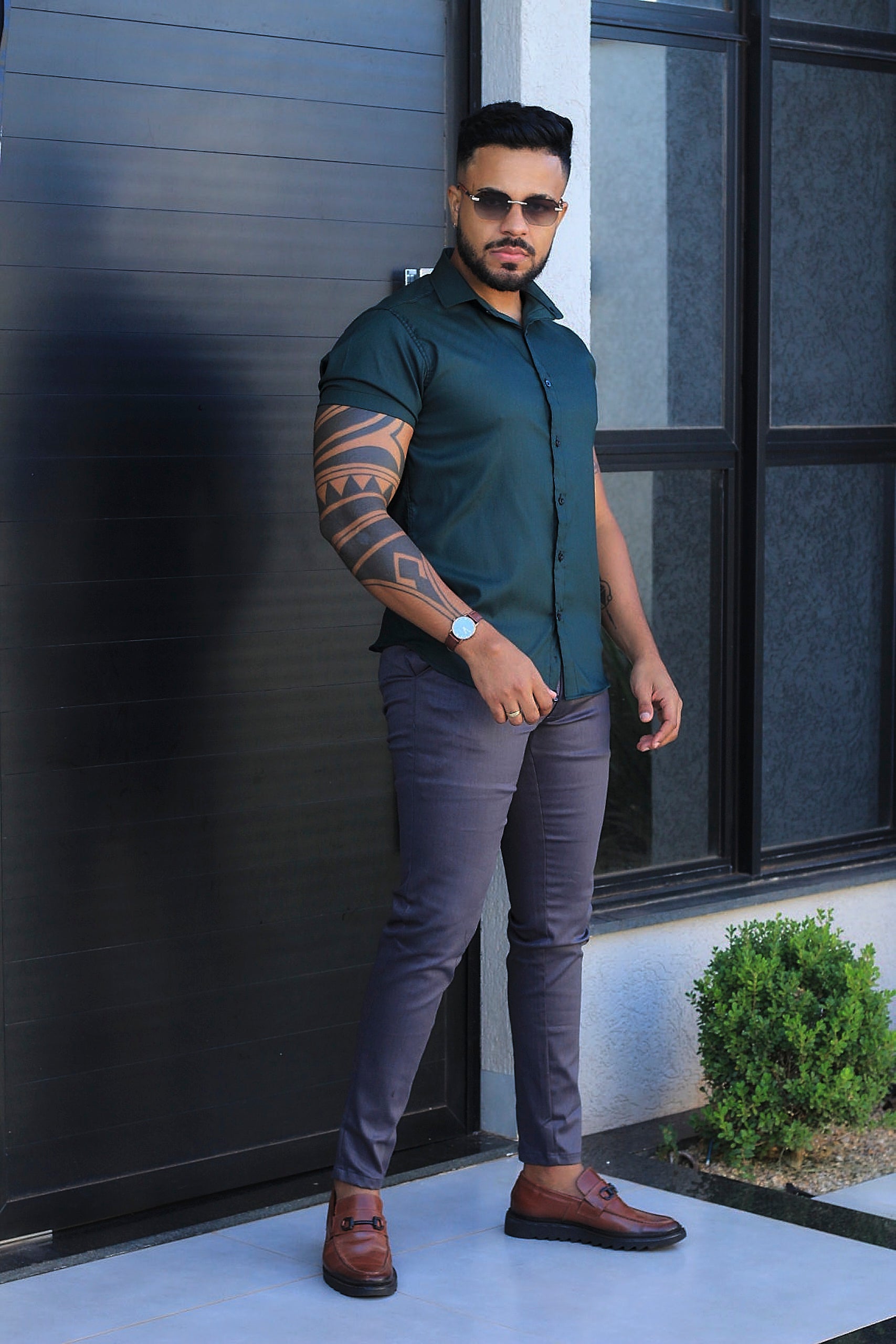 Camisa Slim Fit Camisa Tecnológica Acetinada que não Amassa Armani Verde