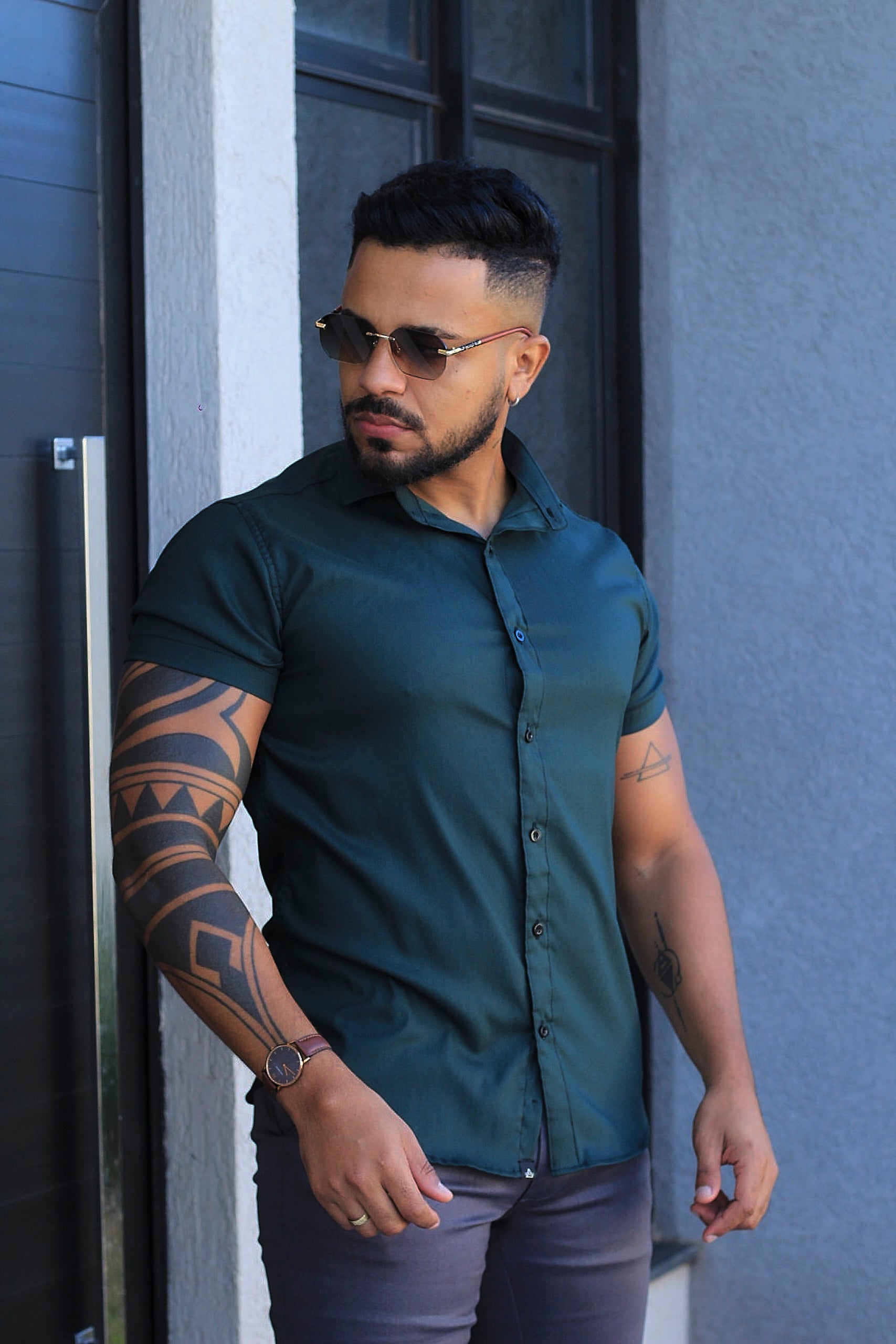 Camisa Slim Fit Camisa Tecnológica Acetinada que não Amassa Armani Verde