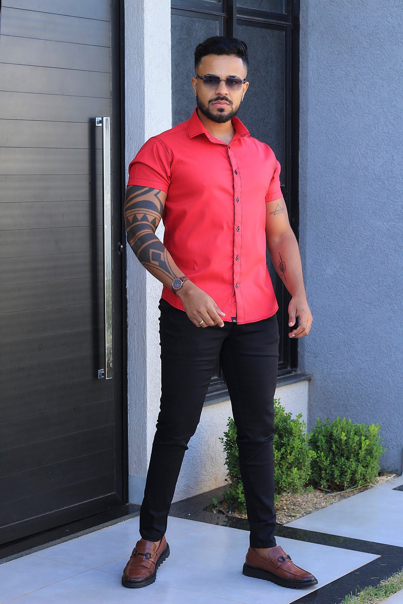 Camisa Slim Fit Camisa Tecnológica Acetinada que não Amassa Armani Vermelha