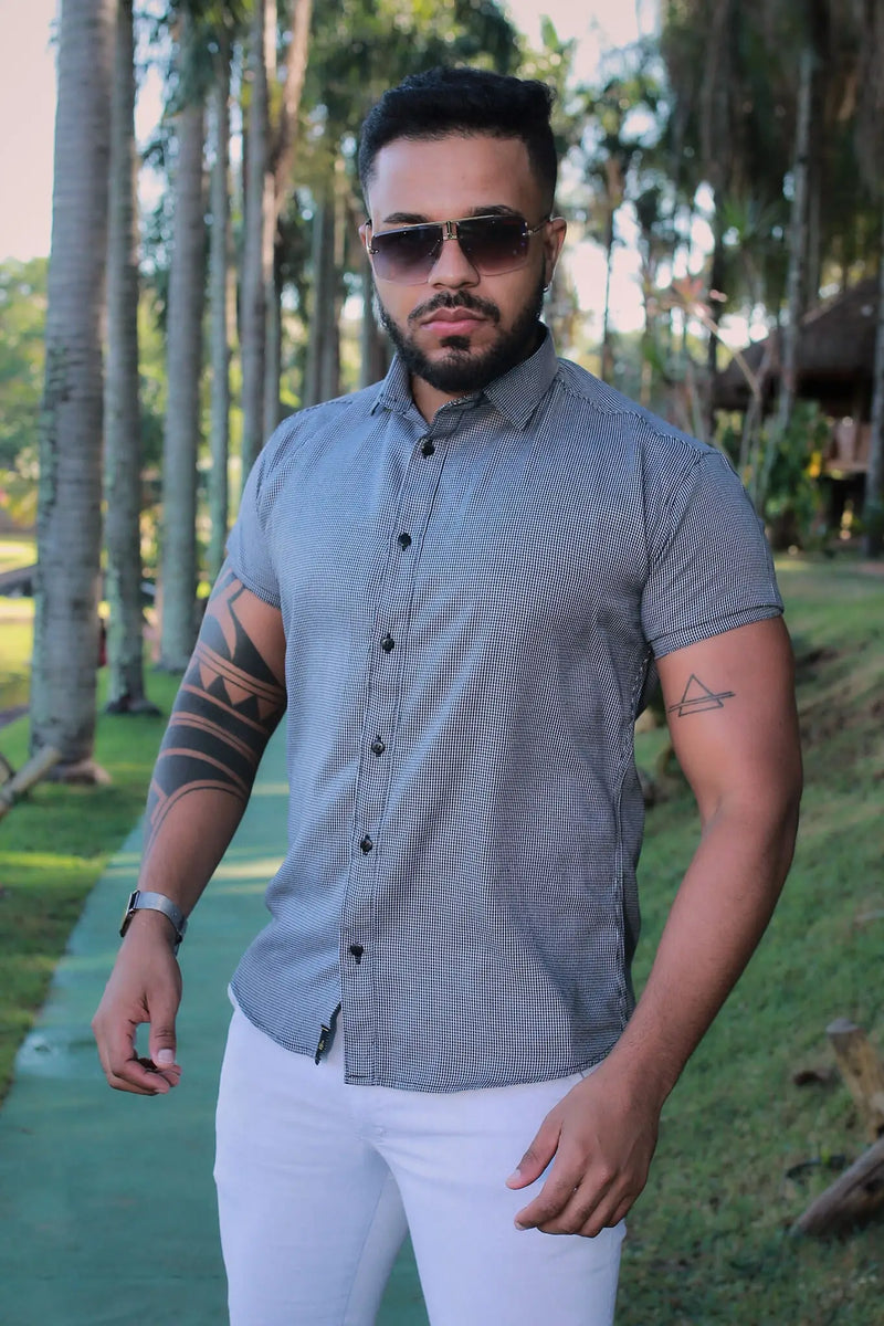 Camisa Slim Fit Cinza Quadriculada Johor Algodão Premium