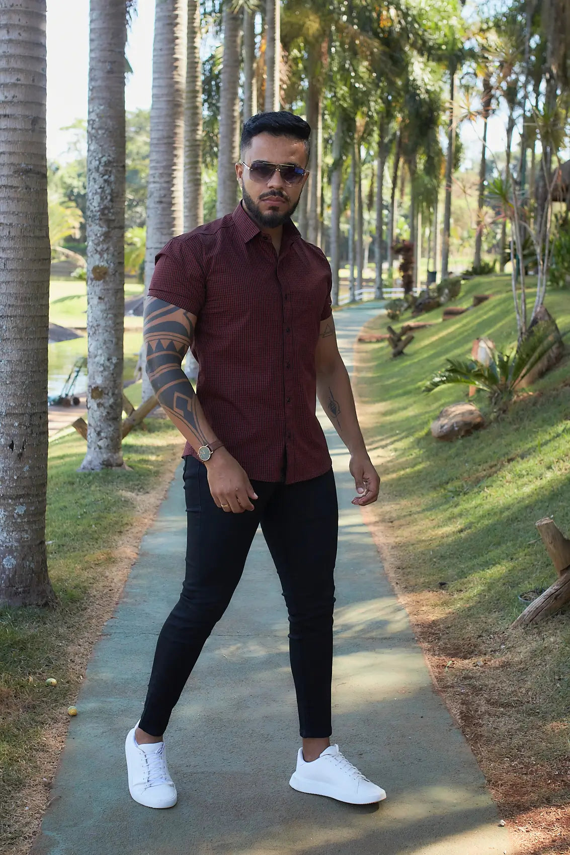Camisa Slim Fit Xadrez Premium Micro Xadrez Preto e Vinho