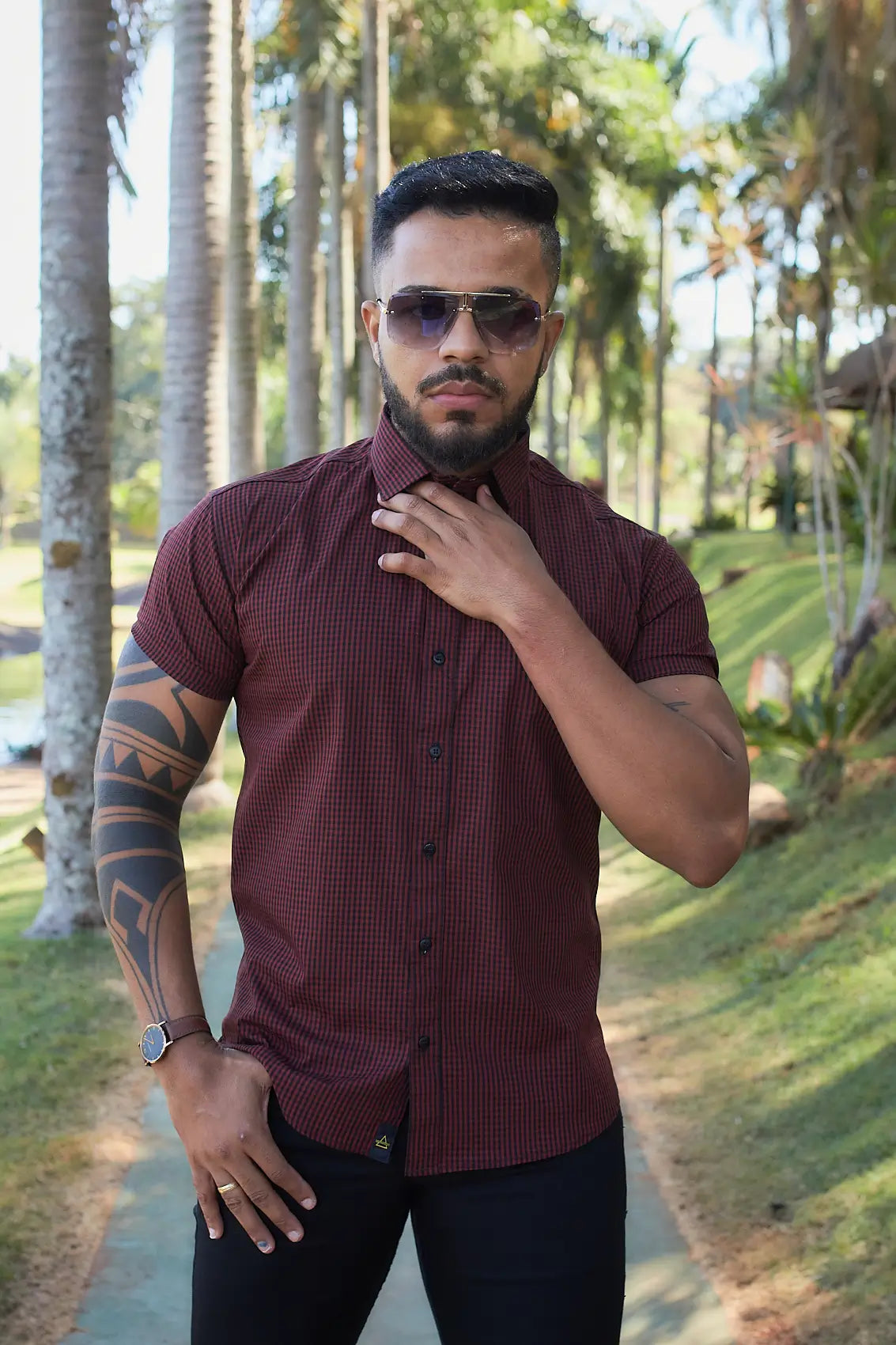 Camisa Slim Fit Xadrez Premium Micro Xadrez Preto e Vinho