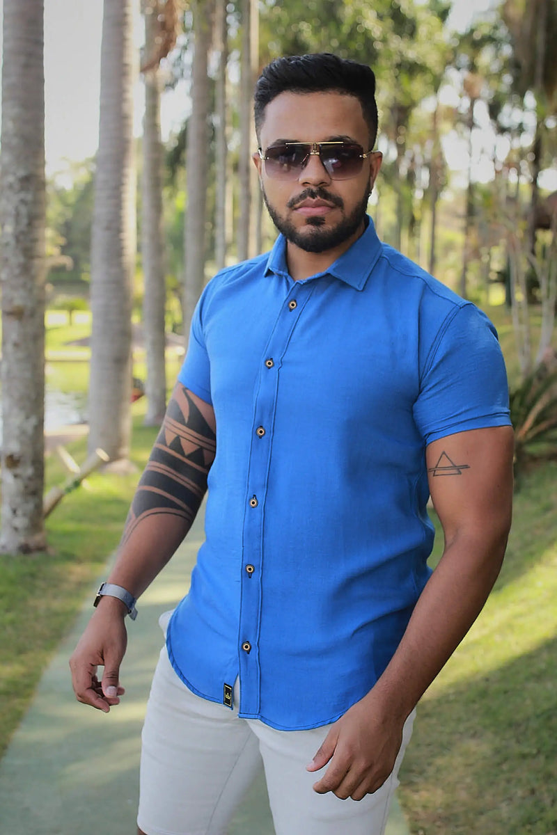 Camisa slim fit Linho Belga azul Caneta