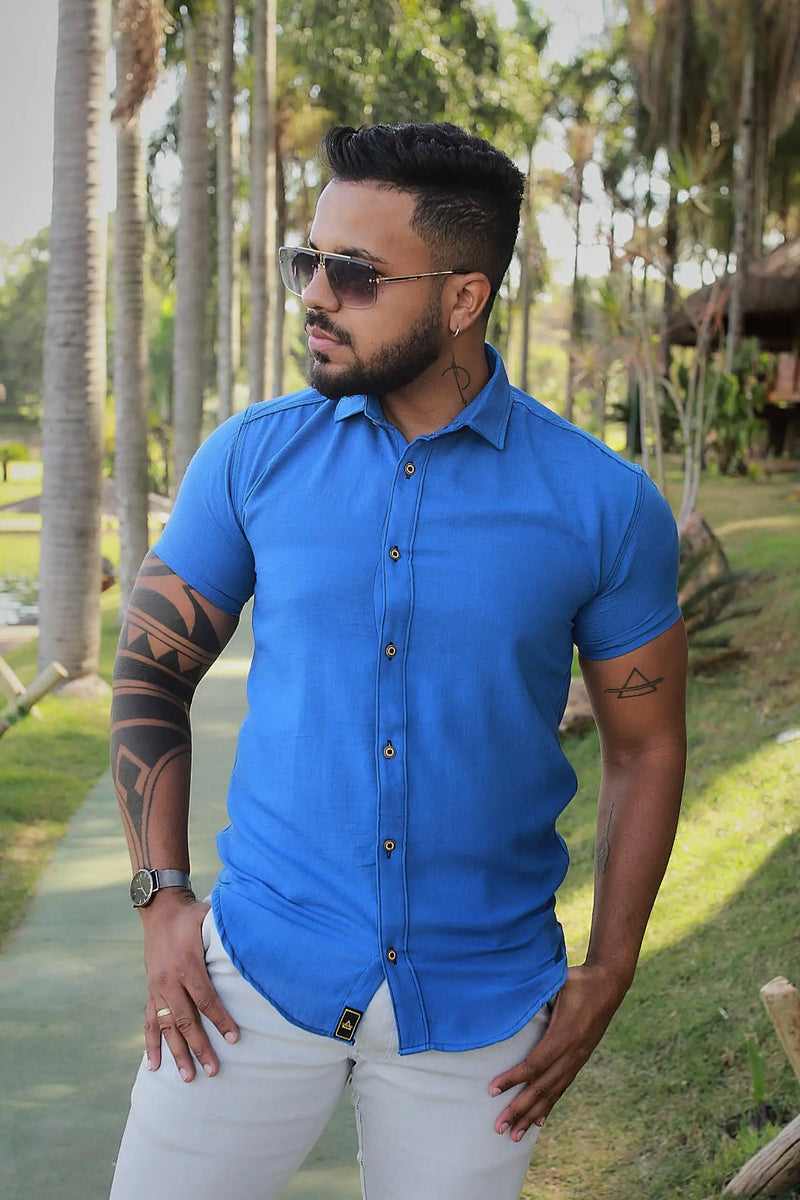 Camisa slim fit Linho Belga azul Caneta