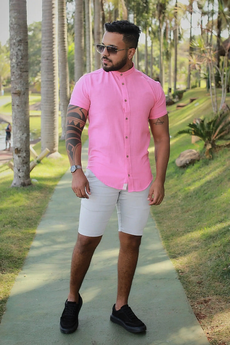 Camisa slim fit Linho Belga Rosa Pink Gola Padre