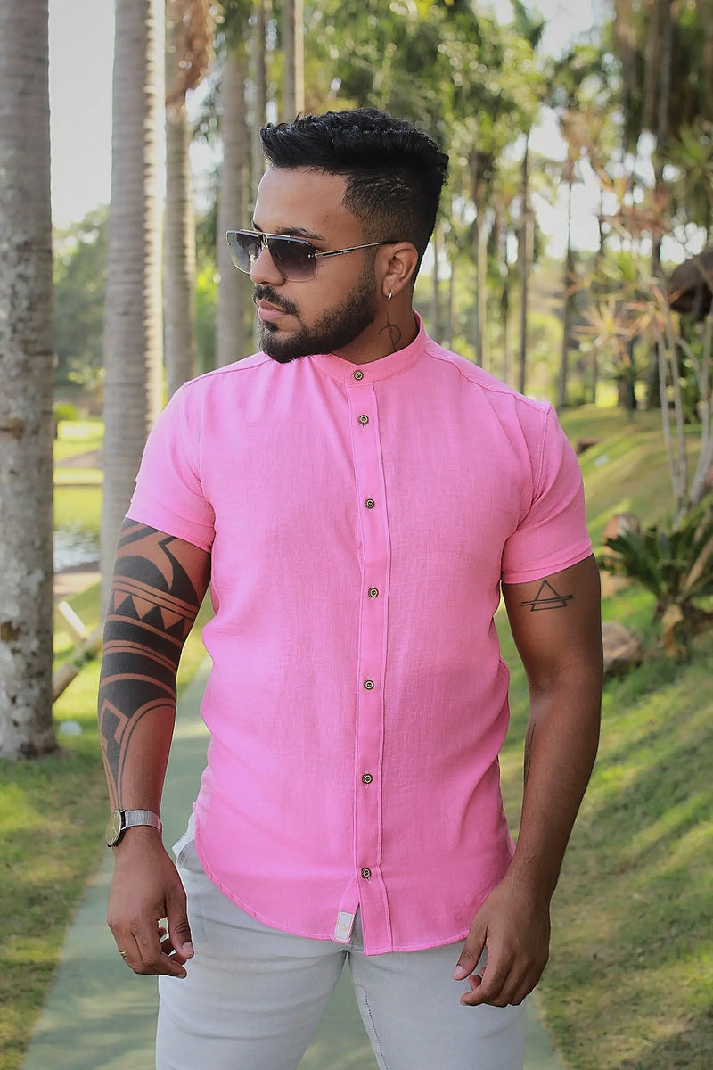 Camisa slim fit Linho Belga Rosa Pink Gola Padre