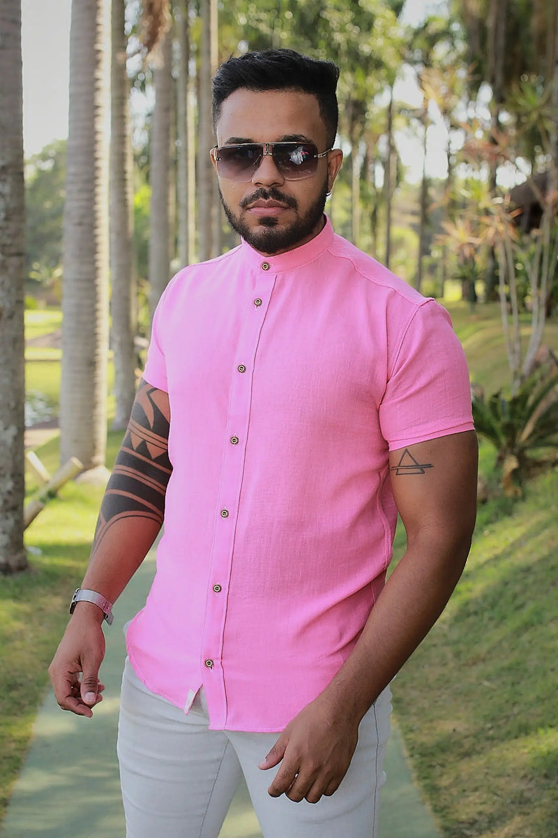 Camisa slim fit Linho Belga Rosa Pink Gola Padre