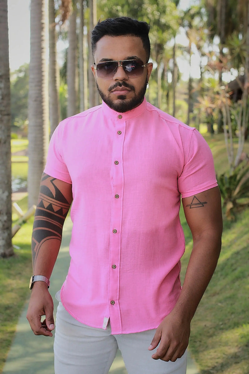 Camisa slim fit Linho Belga Rosa Pink Gola Padre