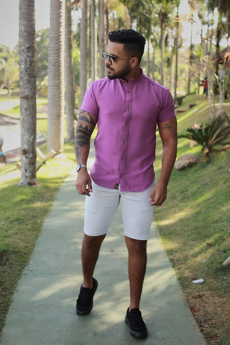 Camisa slim fit Linho Belga Roxo Gola Padre