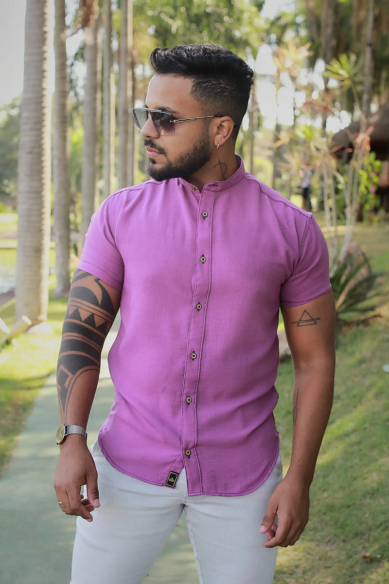 Camisa slim fit Linho Belga Roxo Gola Padre