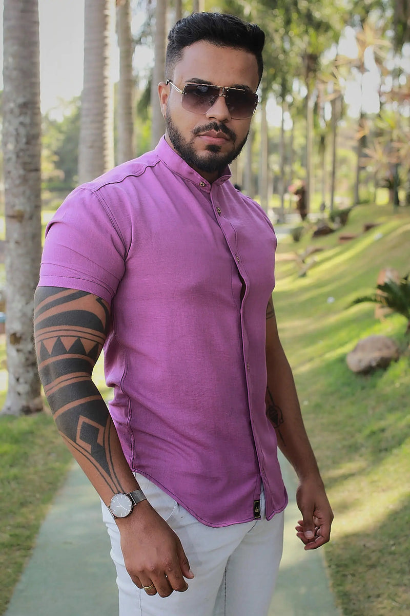 Camisa slim fit Linho Belga Roxo Gola Padre