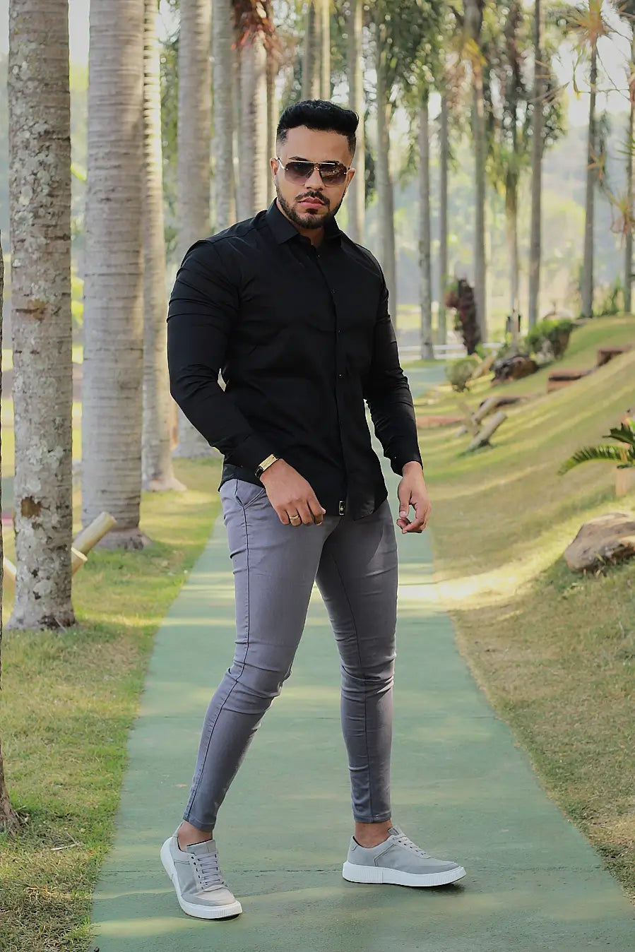 Camisa slim fit preta manga longa