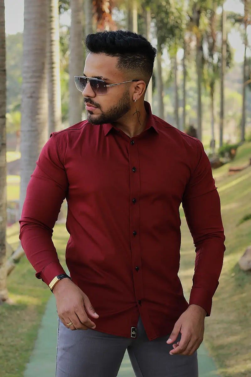 Camisa Slim Fit Manga Longa Marsala