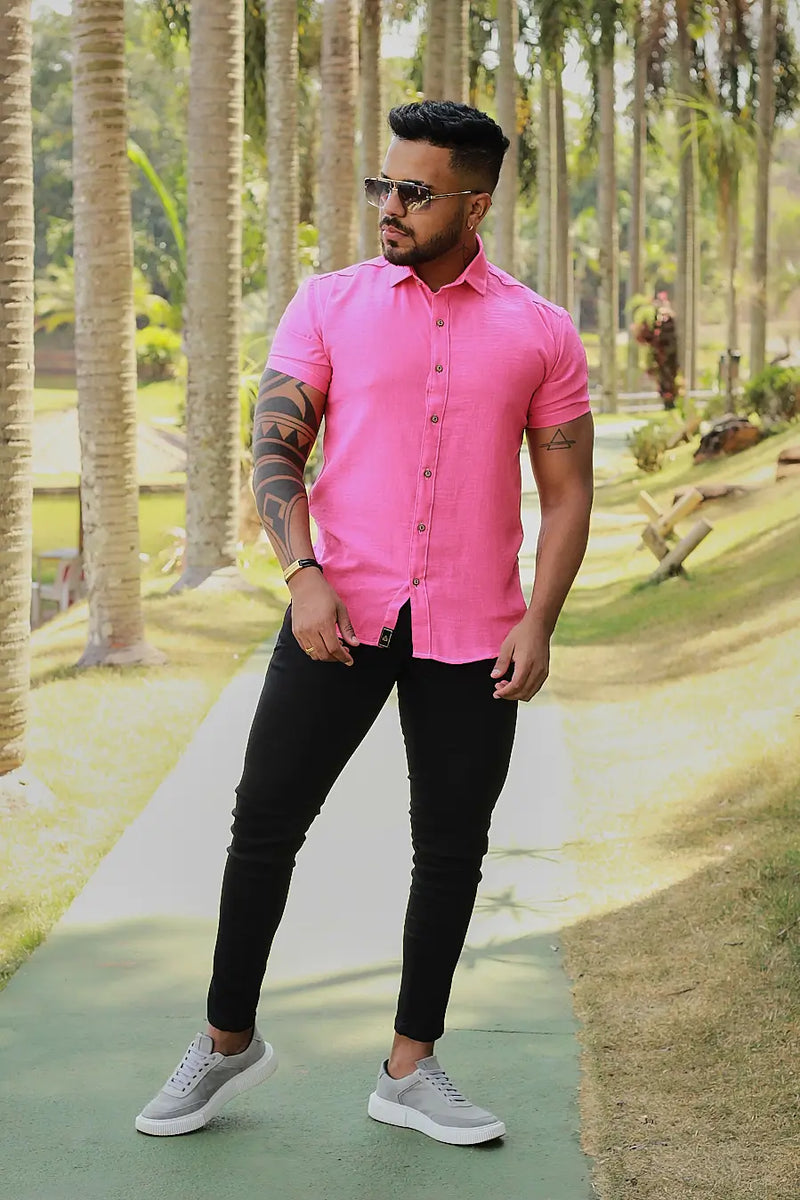 Camisa slim fit Linho Belga Rosa Pink