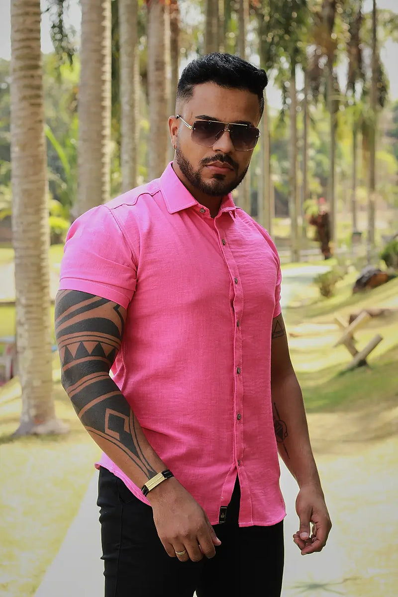 Camisa slim fit Linho Belga Rosa Pink