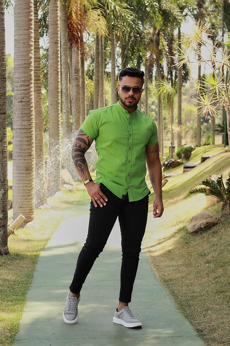 Camisa slim fit Linho Verde Aurora Gola Padre