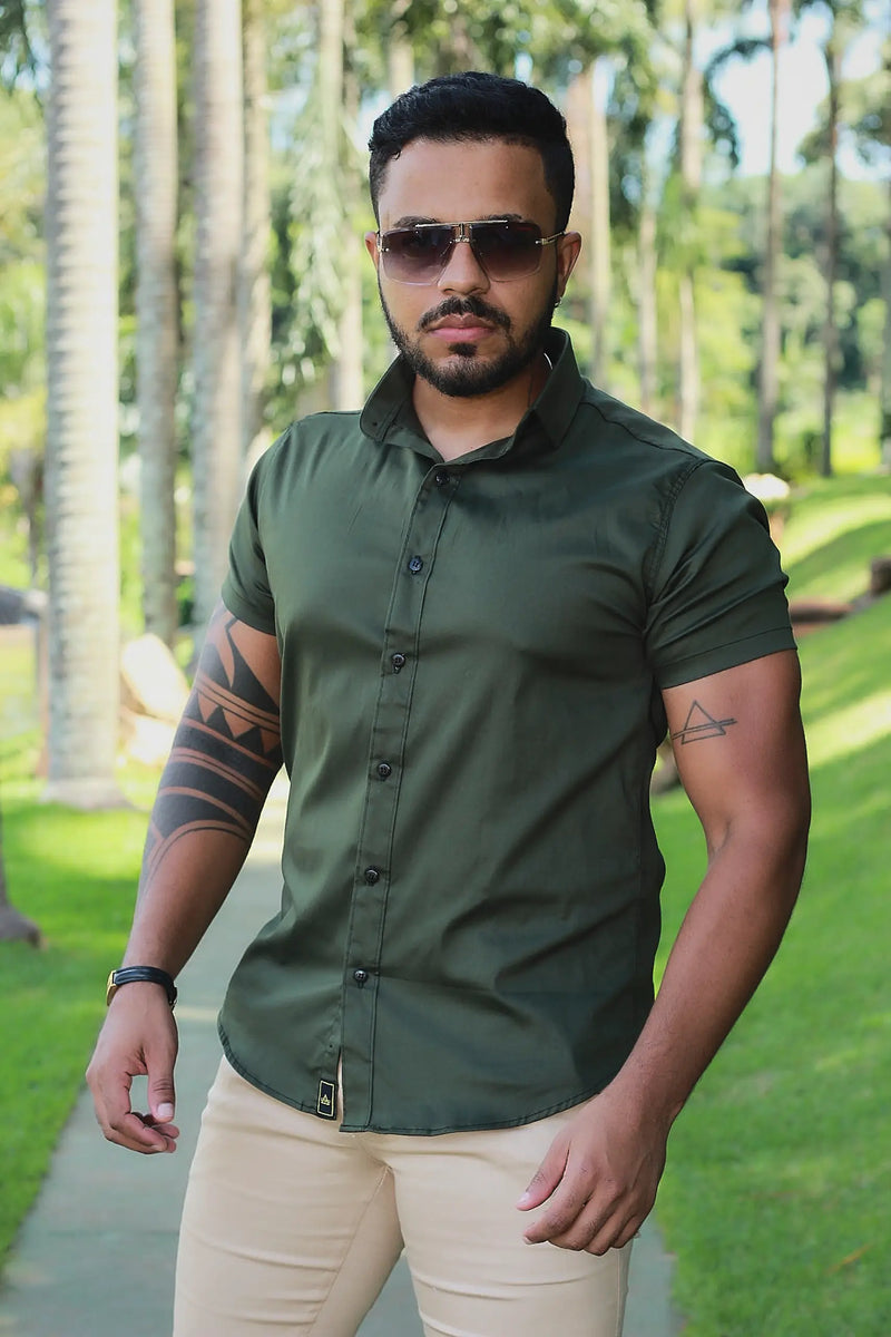 Camisa Slim Fit Algodão Verde Militar Premium Com elastano Acetinada