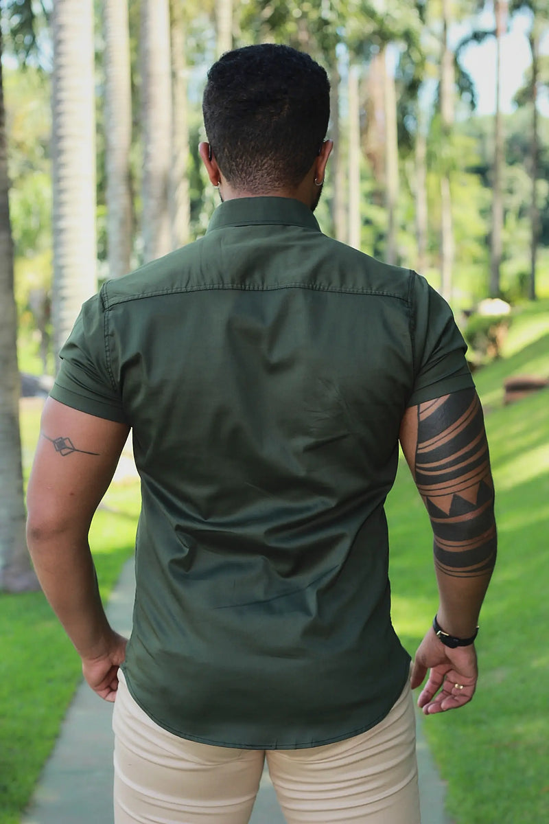 Camisa Slim Fit Algodão Verde Militar Premium Com elastano Acetinada