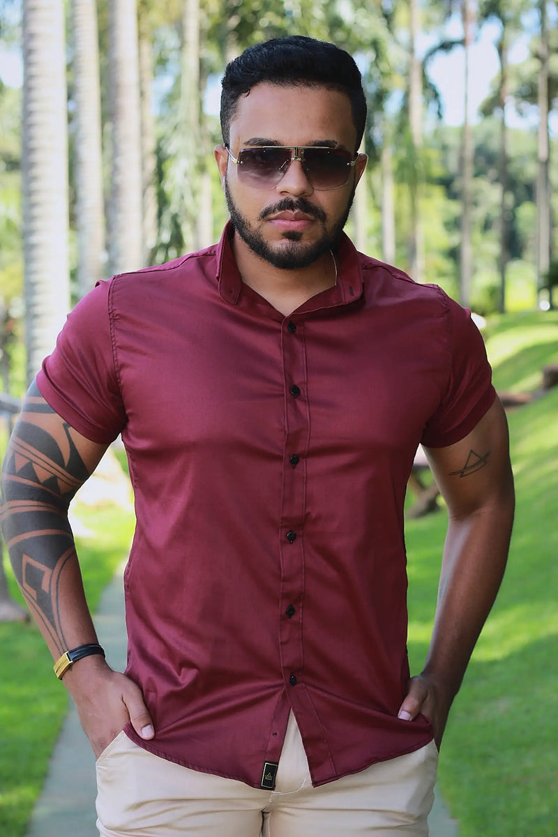 Camisa Slim Fit Algodão Marsala Premium Com elastano Acetinada