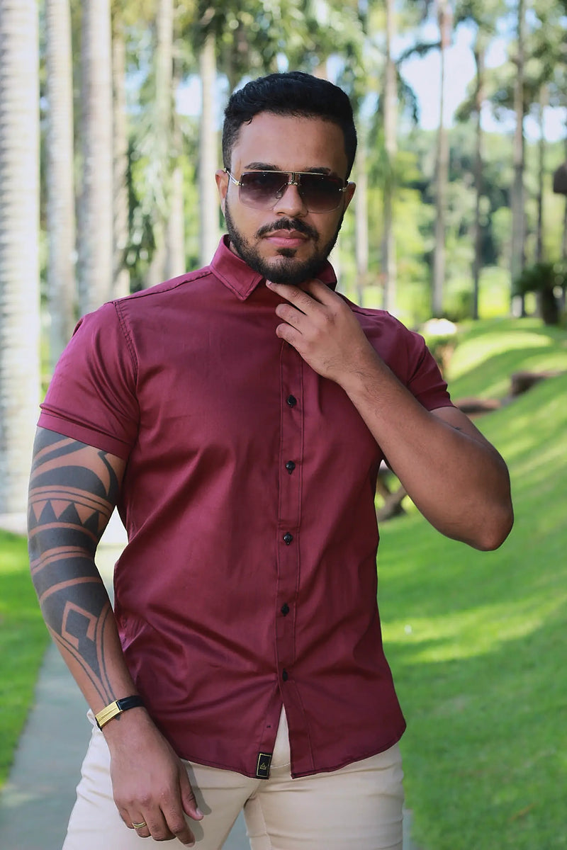 Camisa Slim Fit Algodão Marsala Premium Com elastano Acetinada