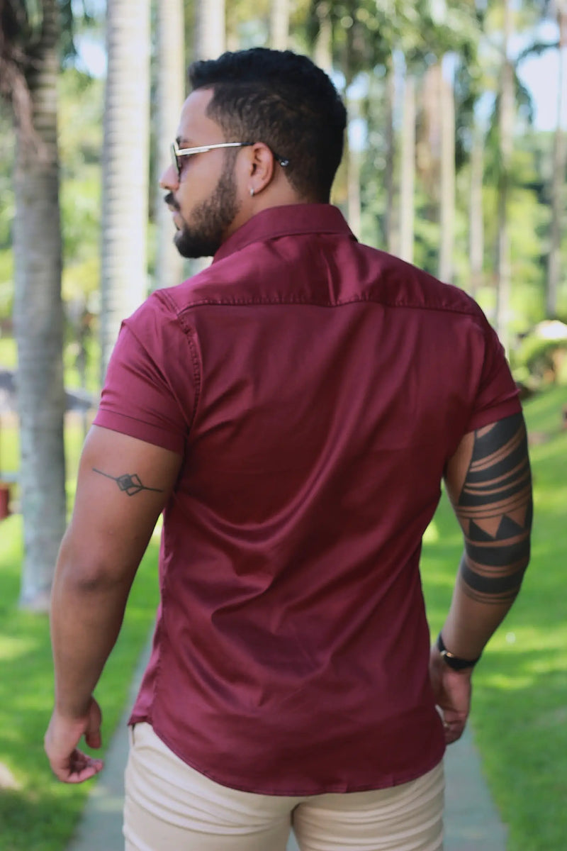 Camisa Slim Fit Algodão Marsala Premium Com elastano Acetinada