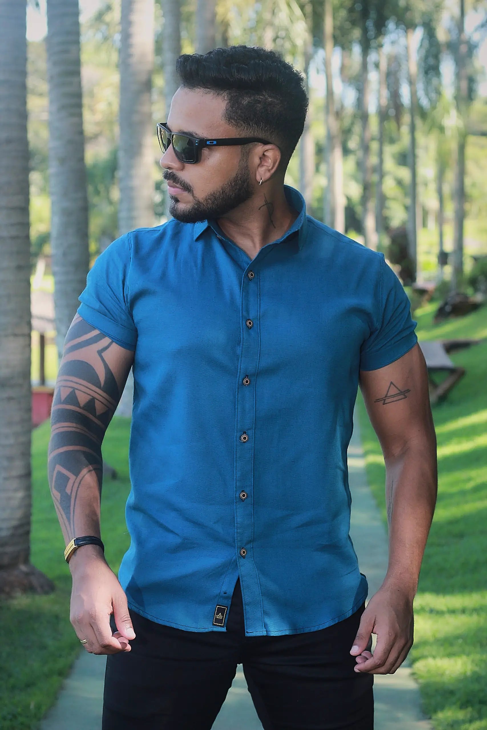 Camisa slim fit Linho Belga Verde Petróleo