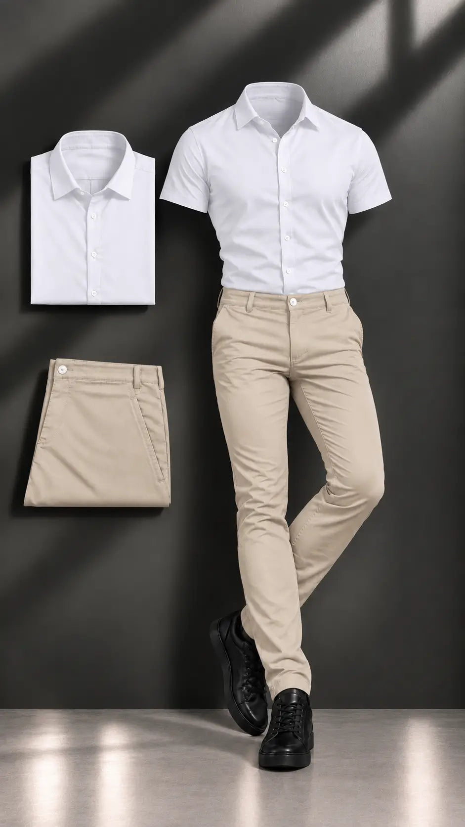 Camisa Slim Branca Lisa  Calça esporte fino Bege  Look Completo