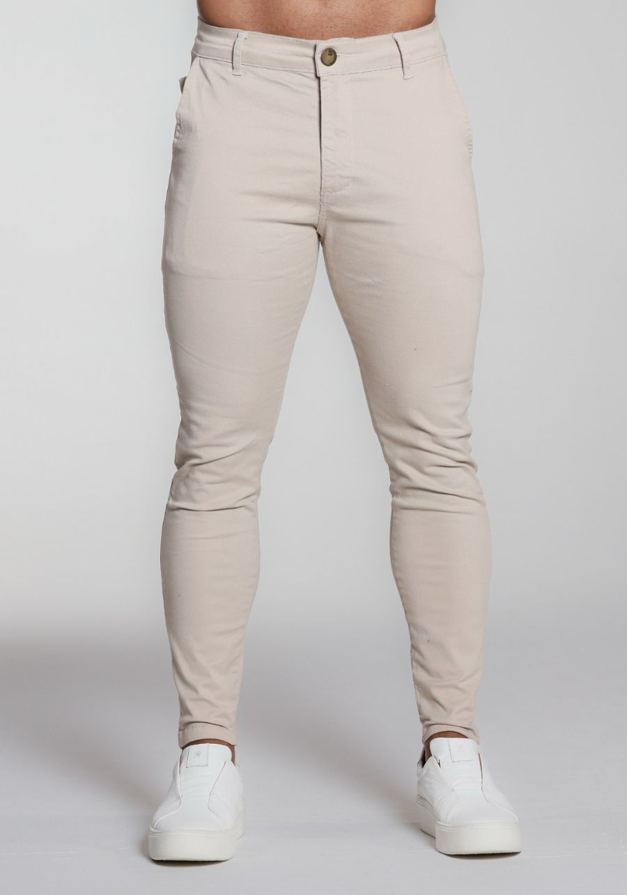 Calça alfaiataria bege claro bolso faca 5% de elastano