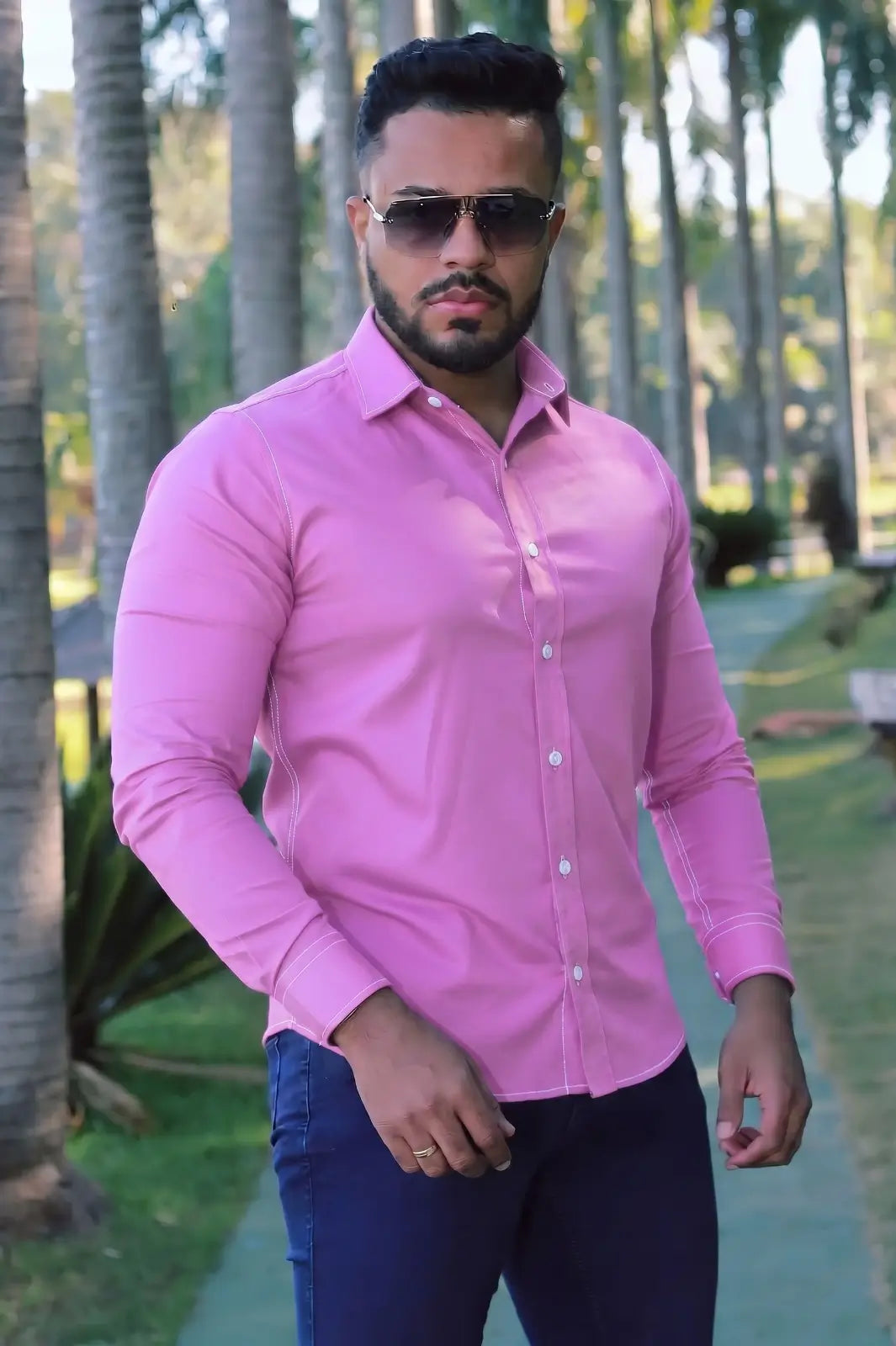 Camisa slim fit Pink manga longa Com Elastano
